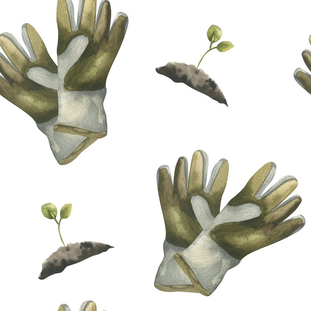 园艺生态水彩复古纺织手套无缝图案，黑色土壤插画中的绿色发芽苗。手绘乡村绿色背景，用于花园纺织品、织物、包装设计图片下载
