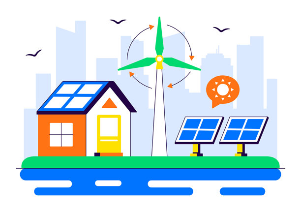 可再生能源解决方案插画，以太阳、风和空气等可再生自然资源生产清洁和可持续能源。图片下载