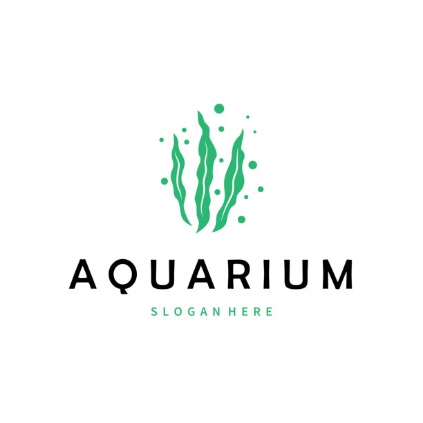 水族馆概念标志，海藻，水下植物，鱼类栖息地，简约优雅的设计，适用于品牌和海报模板插画图片下载