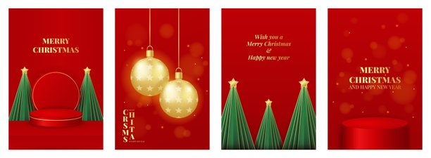 圣诞快乐，矢量插画，包含领奖台、圣诞树、彩球和星星，采用红金色调，为垂直海报集。图片下载