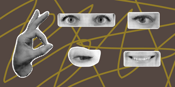 手唇眼半调拼贴画。波普艺术圆点风格的抽象人脸部分。矢量复古设计理念。现代超现实构图，孤立在白色背景插画上。图片下载