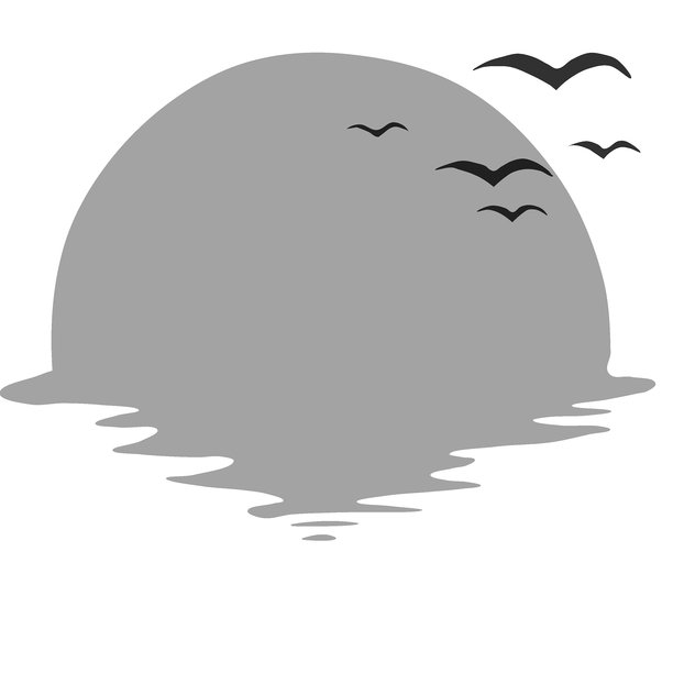 夕阳下的海面，飞鸟掠过，极简矢量插画。适用于背景、海报或壁画。图片下载