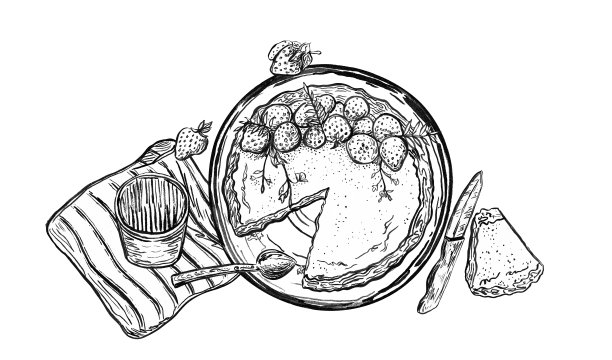 黑白手绘插画，描绘厨房用品：木质托盘、杯子、勺子、餐巾、草莓和一小块派。非常适合用于食品设计、菜单装饰、涂色页和咖啡馆艺术作品。图片下载