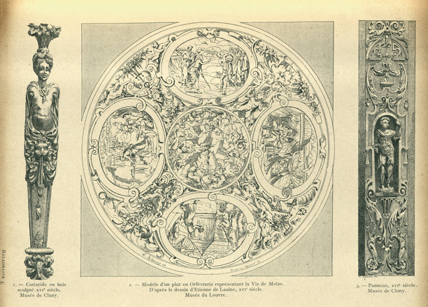 历史文艺复兴，装饰艺术，木雕女性人像柱，镀金，摩西生平，镶板，16世纪，复古插画图片下载