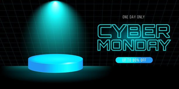 蓝色领奖台、灯光效果和黑色背景的赛博星期一横幅设计。现代促销海报模板，适用于商店优惠、促销和在线销售活动。矢量插画图片下载