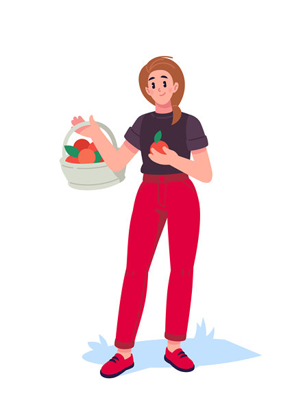 一个女孩提着篮子在小屋旁采摘水果。夏日户外休闲活动。水果销售与配送。适用于设计项目、网站和印刷品、模型和横幅设计的插画。图片下载