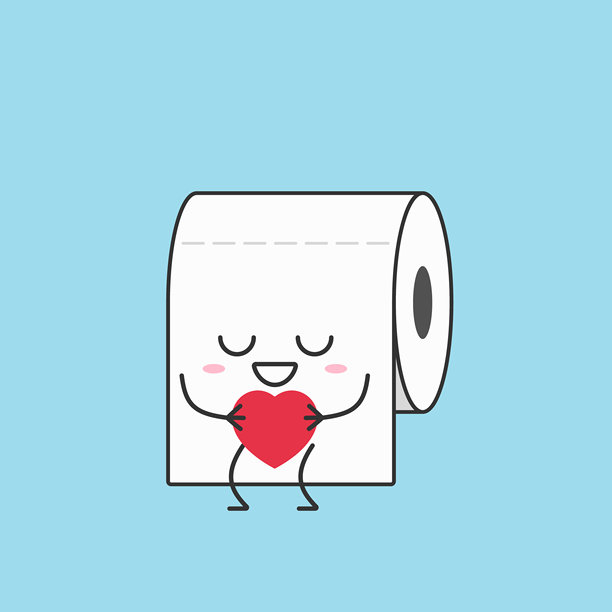 卫生纸卷可爱卡通人物，带有爱心、快乐表情的图标矢量插画。图片下载