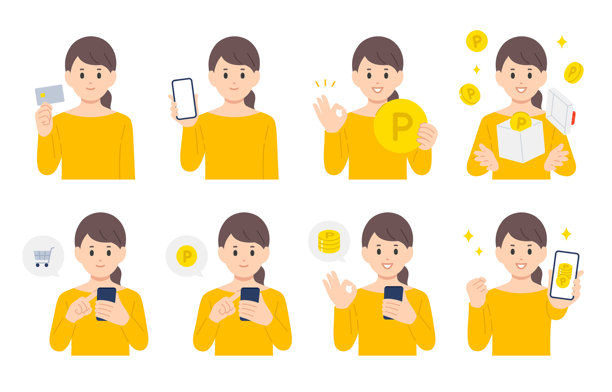 年轻女子使用信用卡和智能手机购物并赚取积分【矢量图／插画／人物】图片下载