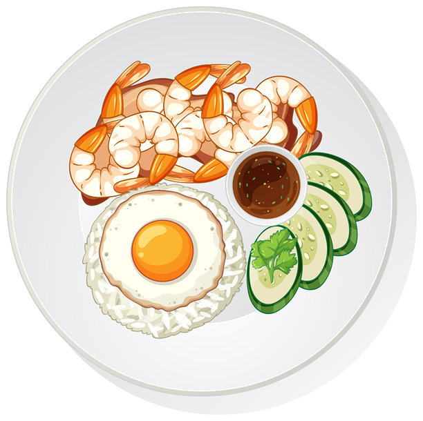 虾、煎蛋、米饭和黄瓜亚洲餐插画图片下载