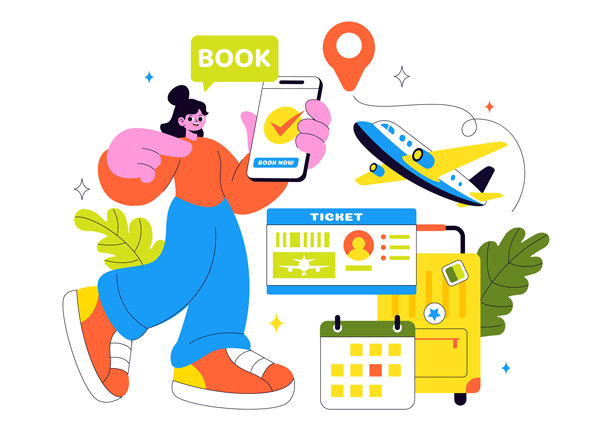通过应用程序预订在线旅行门票的矢量插画，该应用程序提供交通和行程服务，背景为扁平卡通设计图片下载