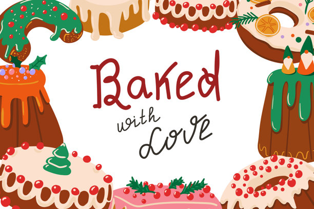 圣诞烘焙食品插画，饰有糖霜、糖珠和节日装饰。手绘节日美食，背景为白色，印有“Baked with Love”字样。可爱的矢量设计，适用于节日包装、贺卡和社交媒体帖子。图片下载