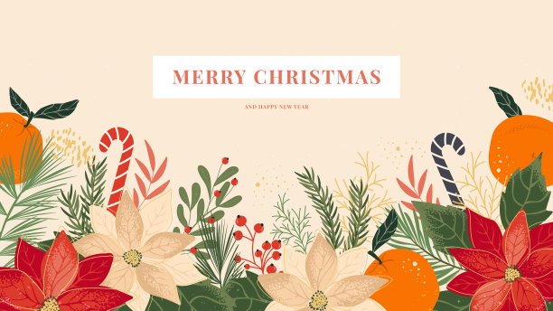 圣诞节彩色横幅，饰有圣诞红、针叶树枝、橘子和拐杖糖。适用于明信片、网页、社交媒体问候的冬季庆典设计。图片下载