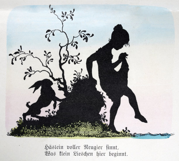 剪影卡通，小女孩试探性地将脚趾浸入水中，兔子，维多利亚时代，19世纪，1890年代复古插画，德语图片下载