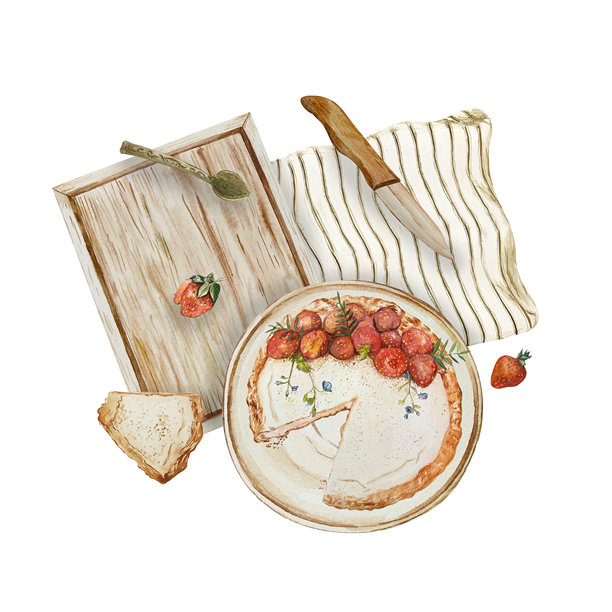 手绘水彩风格的草莓派插画，配有新鲜浆果、装饰盘和勺子，放在条纹桌布上。非常适合用于食品主题印刷品、包装、食谱卡和厨房装饰。图片下载