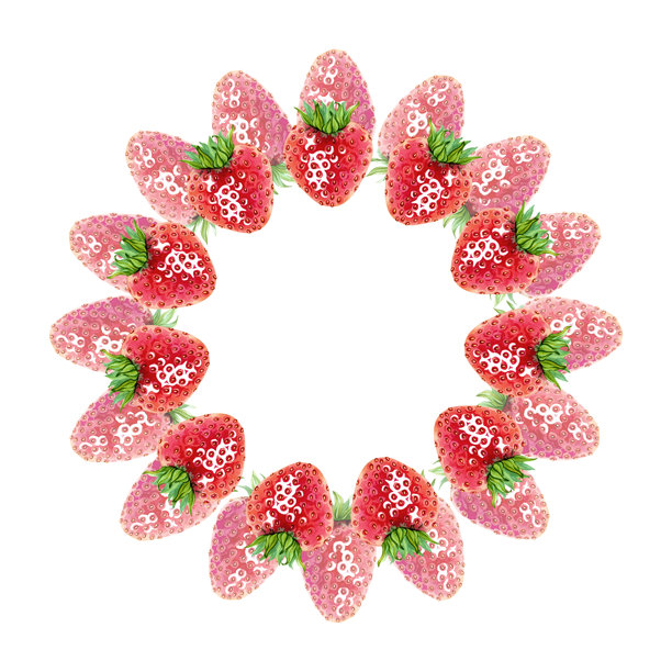 红色草莓圆形画框。多汁的夏日浆果花环。手绘水彩插画。适用于化妆品、水果零食、果酱、糖果、口香糖、菜单设计的复制空间模板。图片下载