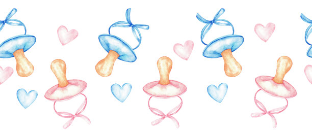 迷人的婴儿主题无缝边框，饰有五颜六色的奶嘴和爱心，适合婴儿房装饰。适用于婴儿派对、性别揭晓派对、洗礼、男孩或女孩派对。水彩插画。孤立图片下载