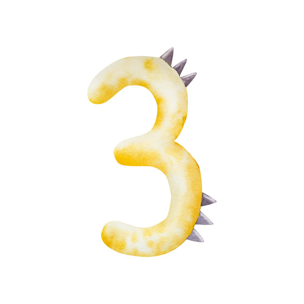 可爱的数字三恐龙。水彩手绘史前插画，用于邀请函、托儿所海报。透明背景上的素描。非常适合托儿所和婴儿派对、热带设计项目。适用于设计师、邀请函、婴儿。图片下载