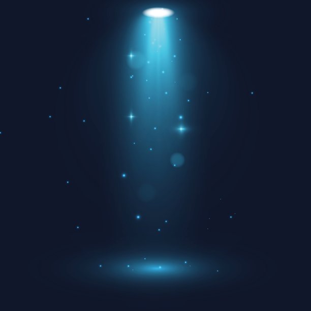 黑暗空间中带有发光火花和柔和粒子的魔法蓝色聚光灯束，非常适合数字艺术中的奇幻场景、舞台效果或神秘光照。图片下载