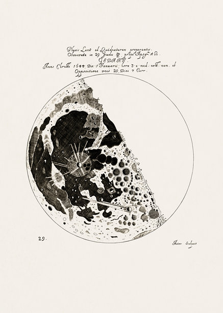 古董月亮插画。来自17世纪月球观测历史研究的黑白天文蚀刻画。图片下载