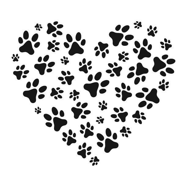 爱心形状的黑色宠物爪子剪影标志 - 动物爱好者的矢量概念插画图片下载