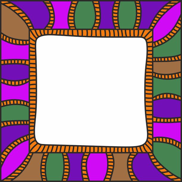 装饰性的彩色马赛克边框，方形波浪形状，带有黑色线条，留有空白空间用于添加文字或图片，颜色为紫、橙和绿。图片下载