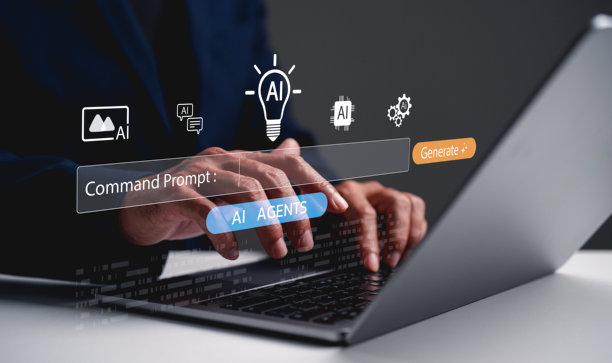 一个人正在使用笔记本电脑，屏幕上显示着一个虚拟界面，其中包含人工智能图标和一个命令提示符，暗示着与技术和人工智能的互动。图片下载