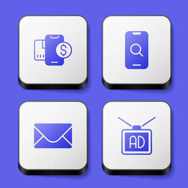 美元、放大镜和手机、邮件电子邮件和广告图标的移动设备组合。白色方形按钮。矢量图图片下载