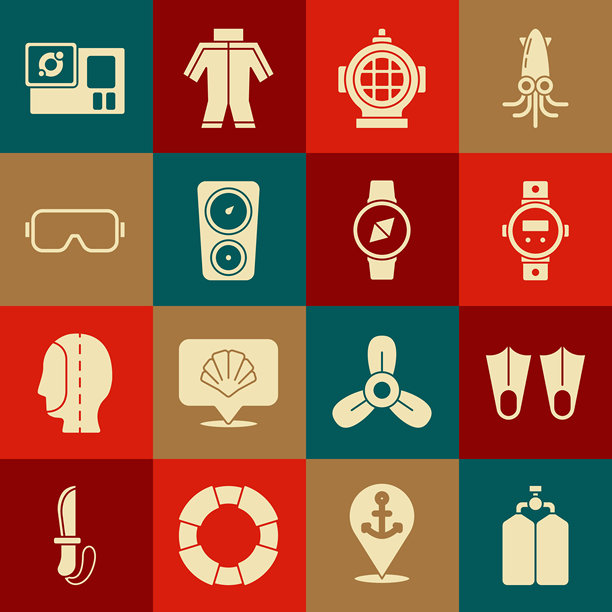 潜水呼吸器、橡胶脚蹼、潜水手表、仪表刻度、面镜、运动相机和指南针图标套装。矢量图图片下载