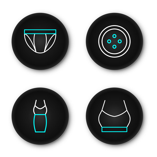 女式露脐上衣、连衣裙、服装缝纫纽扣和男式内裤图标的线条集。矢量图图片下载