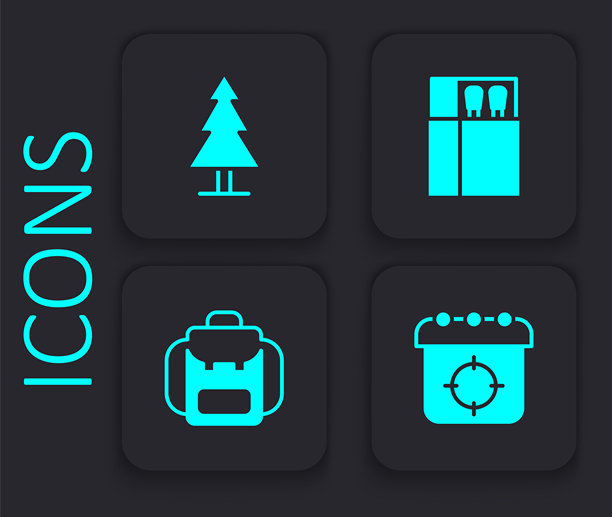 运动目标、树木、打开的火柴盒和火柴以及徒步背包图标。黑色方块按钮。矢量图图片下载