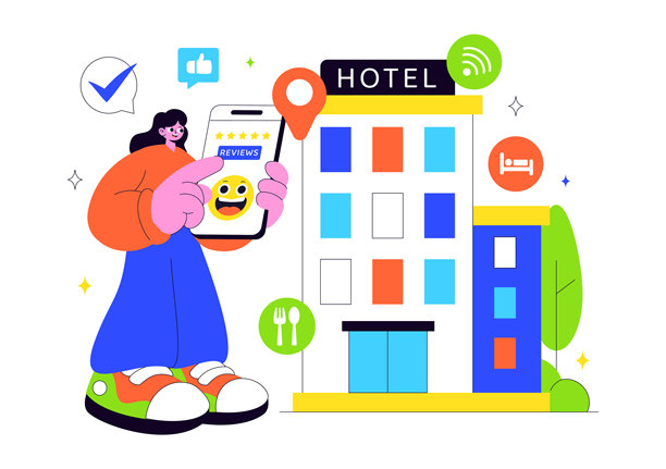 酒店评论矢量插画，以扁平化风格的卡通背景为特色，展示评分服务、用户满意度和客户体验图片下载