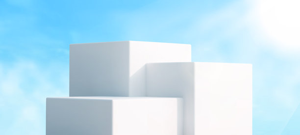 天蓝色背景下的领奖台，云朵上的白色三维平台。抽象舞台设计。矢量插画极简建筑图片下载