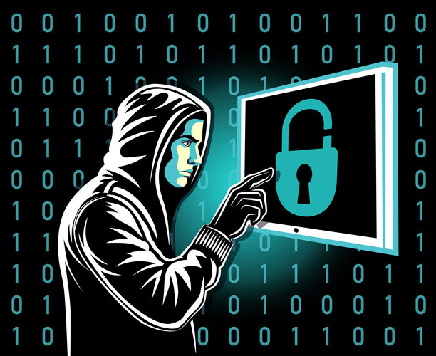 网络犯罪公寓的扁平化设计插画，描绘数据盗窃机器人正在从电脑屏幕窃取信息图片下载