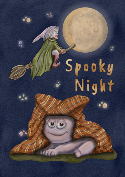 万圣节明信片 神秘的Myash藏在毯子下和女巫 数字插画图片下载