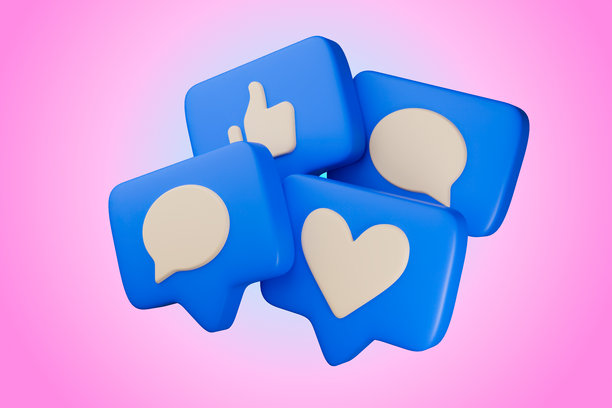 图片展示了几个漂浮在粉色背景上的3D社交媒体图标图片下载