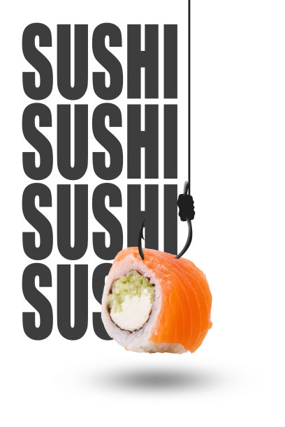 彩色日式寿司广告、传统亚洲卷、费城寿司的垂直拼贴海报照片图片下载