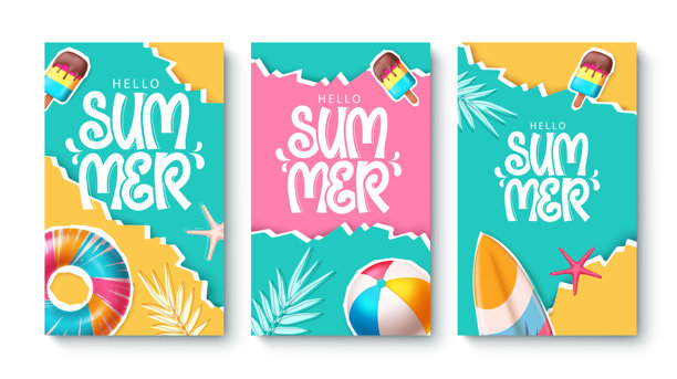 夏季海报套装设计。你好夏天问候文字，带有夏季矢量元素，背景色彩抽象。矢量插画。图片下载