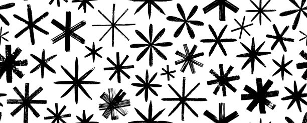几何无缝图案，带有蜡笔绘制的星星和星号。粗糙的矢量雪花。笔刷绘制的粗体星号。抽象几何横幅设计背景。矢量墨水插画。图片下载