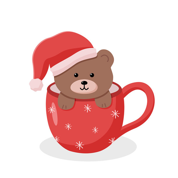 可爱的泰迪熊戴着圣诞帽从马克杯里探出头来。新年卡通熊的矢量插画。白色背景上孤立。图片下载