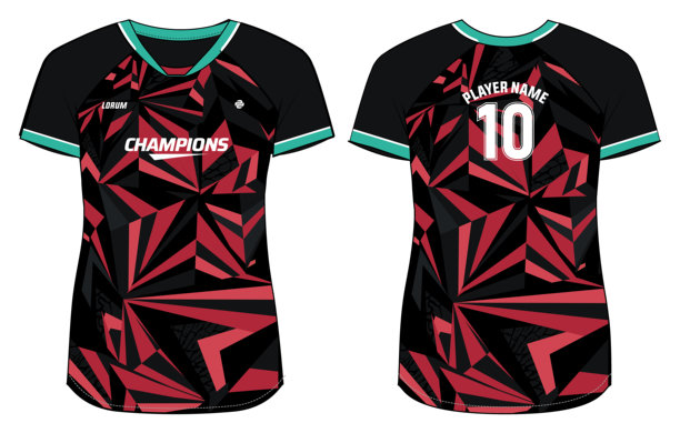 女士运动球衣T恤设计平面草图插画，几何图案V领T恤，适合女孩和女士的排球、足球、羽毛球、篮球和无挡板篮球运动服套装。图片下载