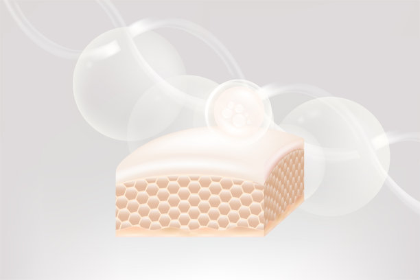 透明质酸和烟酰胺护发护肤广告，白色胶原蛋白精华滴入皮肤细胞，配以化妆品广告背景，可供使用，插画矢量图。图片下载