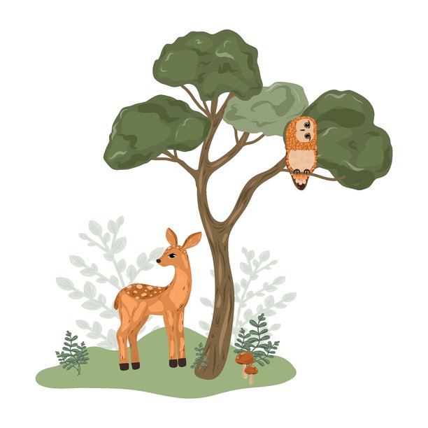 森林场景，包含鹿和猫头鹰的矢量插画。儿童风格插画。手绘森林动物插画。图片下载