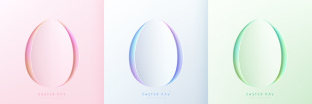 一套椭圆形彩蛋剪纸风格边框。背景为粉色、浅蓝和绿色柔和色调的复活节快乐主题，圆形边框内有蓝色全息效果。时尚矢量插画。复活节元素。图片下载