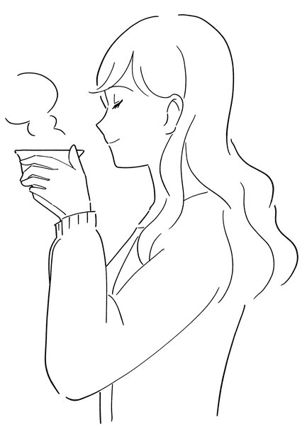 一位女士喝茶的黑白插画。图片下载