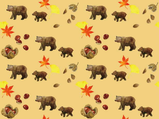 无缝图案，以熊、坚果和叶子为特色。手绘水彩插画背景素材。图片下载