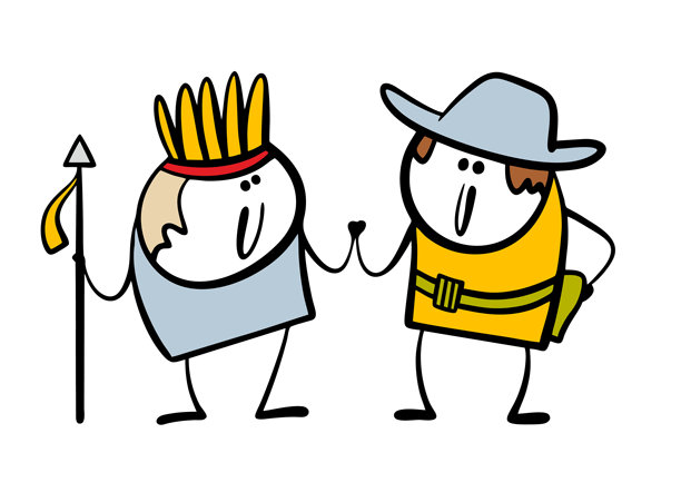 印第安人和牛仔是最好的朋友。友谊的矢量插图，感恩节。一个头戴羽毛、手持长矛、腰系皮带、头戴帽子、配有枪套的卡通火柴人。图片下载