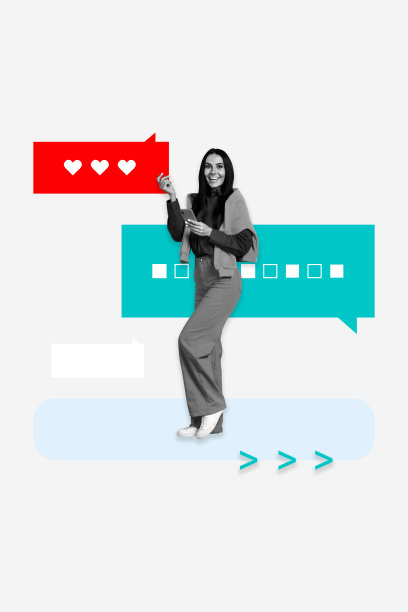 竖版海报照片拼贴：快乐狡黠的女孩手持手机，接收通知、订阅者关注和博文通知。图片下载