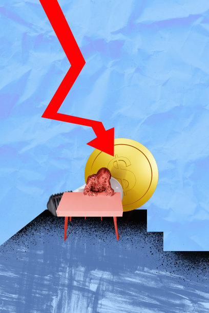 垂直图片艺术作品，潮流拼贴，一个困惑的女孩坐在工作场所，新手员工，箭头，经济衰退，硬币，美元图片下载