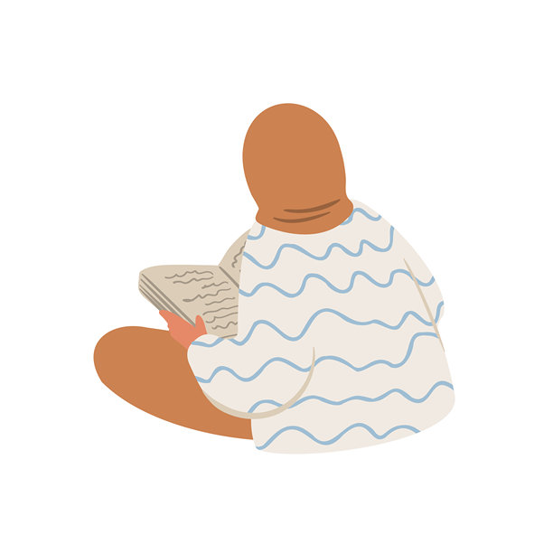 平铺矢量插画，描绘一名戴着头巾的穆斯林女性背对观众坐在地板上阅读书籍。这位年轻的女学生或读者专注于文学，展现出平静而简单的生活场景。图片下载