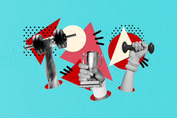 海报艺术插画，3D照片拼贴，展示人类的手握着哑铃、运动器材、奖杯，象征着健美比赛的胜利图片下载